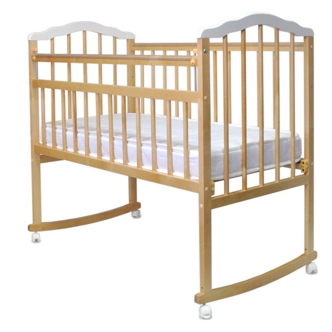 Кроватка MALIKA «Melisa-2 LUX» колесо-качалка без ящика, натуральный лак-белый